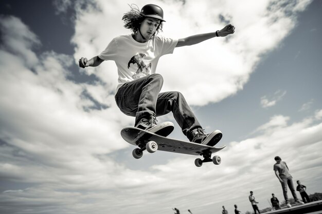 Photo photo à faible angle d'un adolescent au skatepark qui s'amuse