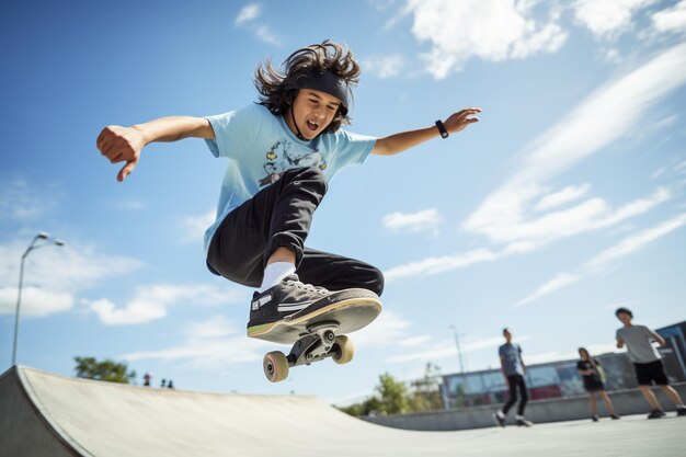 Photo photo à faible angle d'un adolescent au skatepark qui s'amuse