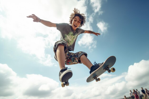 Photo photo à faible angle d'un adolescent au skatepark qui s'amuse