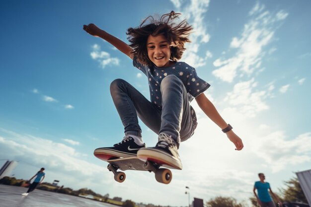 photo à faible angle d'un adolescent au skatepark qui s'amuse