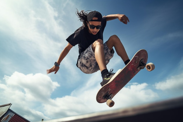 photo à faible angle d'un adolescent au skatepark qui s'amuse