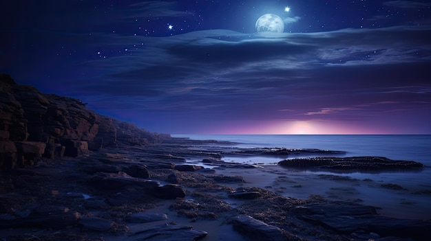 Une photo d'une falaise avec un ciel étoilé et un faible clair de lune.