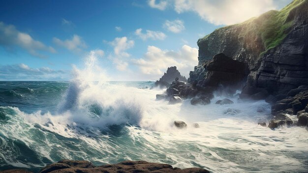 Une photo d'une falaise côtière avec des vagues qui s'écrasent