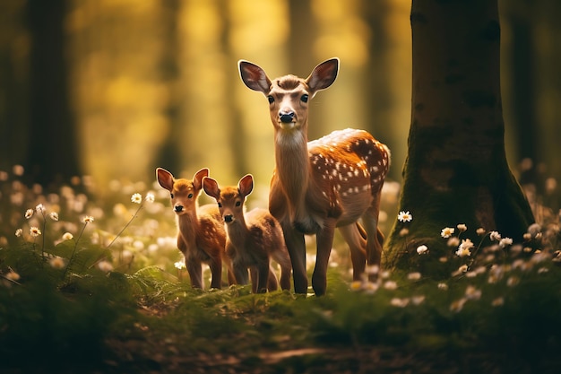 Photo photo d'une famille de cerfs dans une forêt paisible
