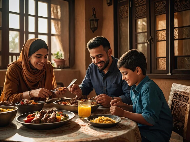 Photo une photo d'une famille dégustant un repas arabe traditionnel de kebabs grillés