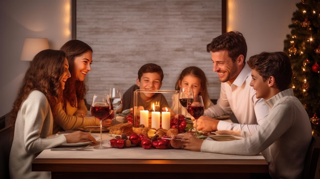 photo de famille heureuse au dîner de Noël dans le style des arrière-plans minimalistes