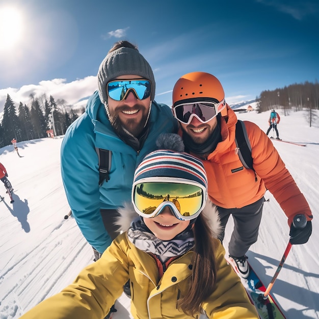 Photo une photo de famille heureuse dans la neige et le ski