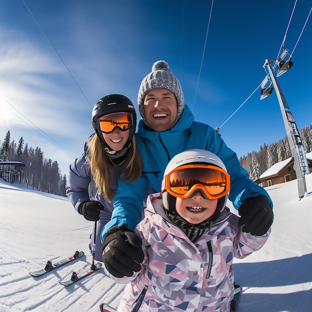 Une photo de famille heureuse dans la neige et le ski