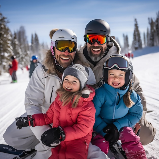 Photo une photo de famille heureuse dans la neige et le ski