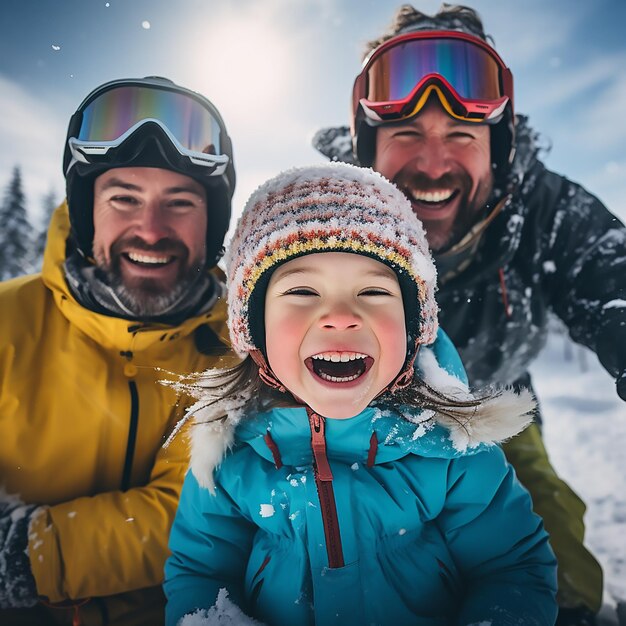 Photo une photo de famille heureuse dans la neige et le ski