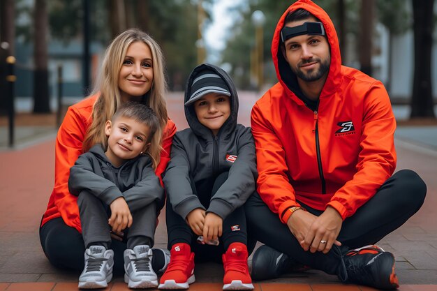 Photo d'une famille heureuse posant en plein air et copier l'espace