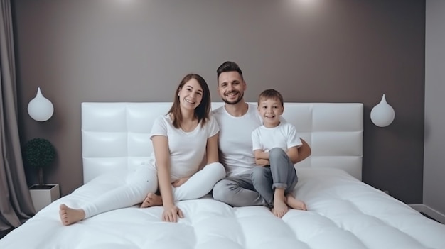 Photo de famille avec un homme souriant satisfait ou une mère et son fils ou sa fille sur un lit confortable et sécurisé créé par l'IA générative