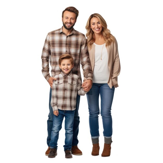 Photo une photo de famille avec un jeune garçon et un jeune garçon portant une chemise à carreaux et un jean.