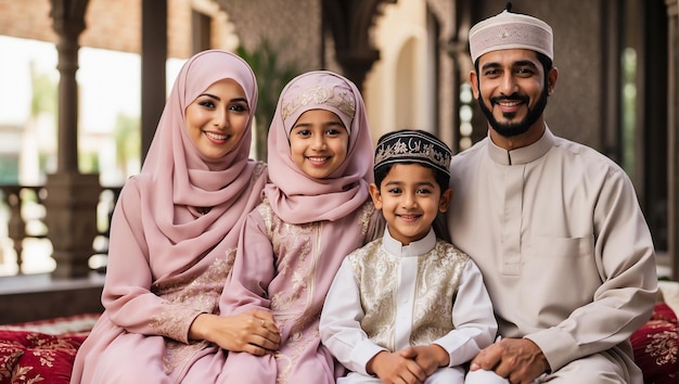 Photo photo de famille portant des vêtements musulmans à l'aïd