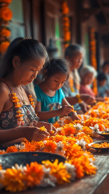 Photo de familles fabriquant des guirlandes de fleurs traditionnelles au concept de vacances du festival Visakha B