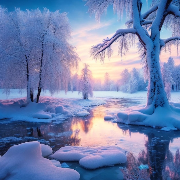 Photo fantastique paysage d'hiver rivière gelée arbres dans la neige belle toile de fond d'hiver foire magique