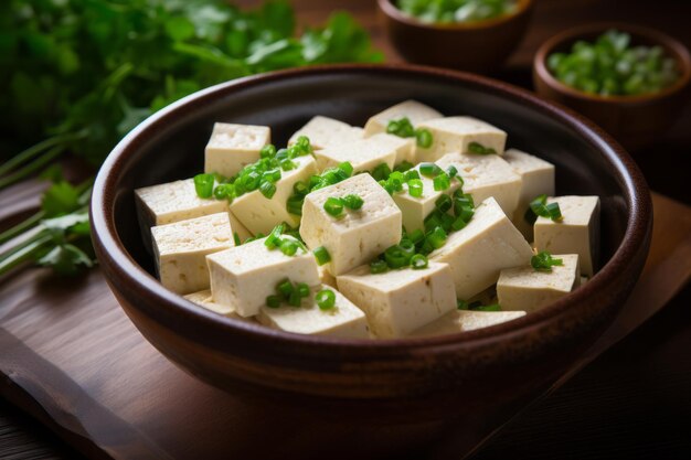 Une photo fascinante de tofu délicatement disposé dans un bol capturé dans AR 32
