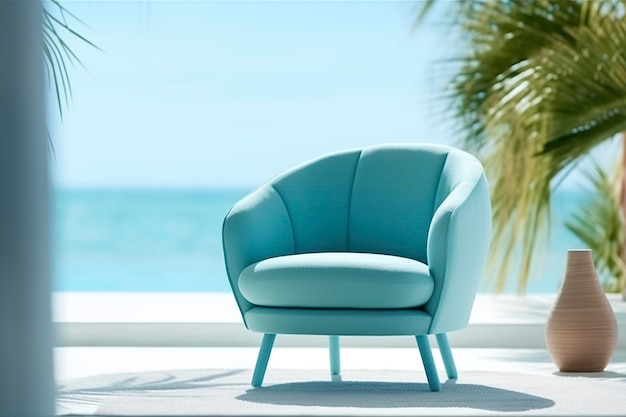 Photo d'un fauteuil moderne de couleur bleu clair seul dans le fond tropical AI Generative