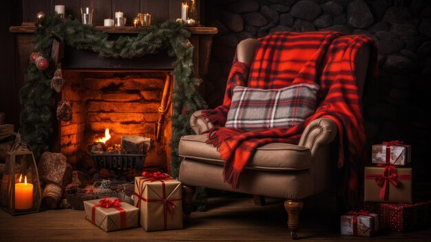 Une photo d'un fauteuil de Noël confortable orné d'oreillers de jet festifs