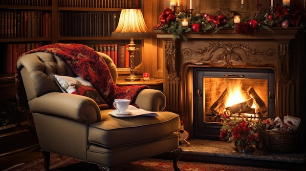 Une photo d'un fauteuil de Noël confortable avec une pile de magazines de vacances