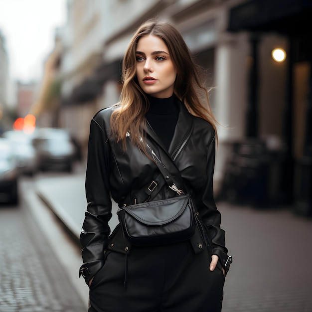 photo femme d'affaires américaine élégante dans les rues avec un sac en cuir noir ai générative