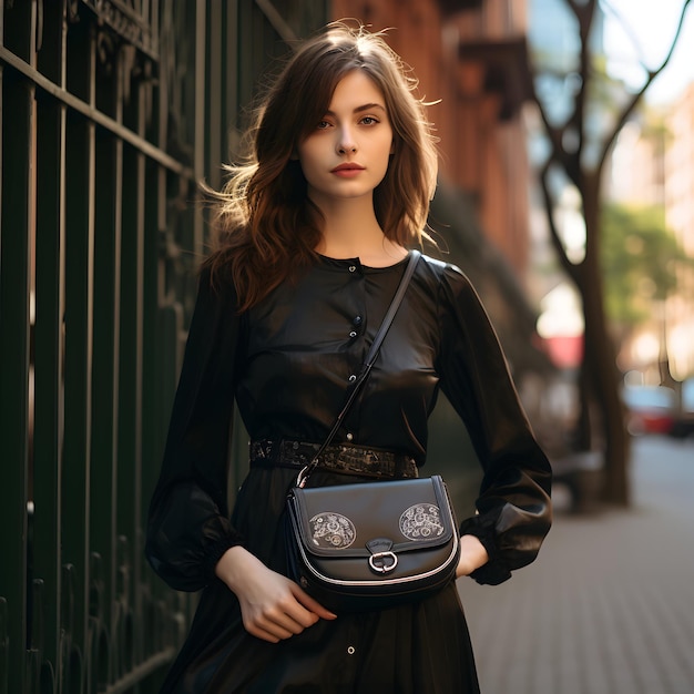 photo femme d'affaires américaine élégante dans les rues avec un sac en cuir noir ai générative