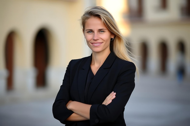 Photo d'une femme d'affaires souriante posant à l'extérieur avec les bras croisés