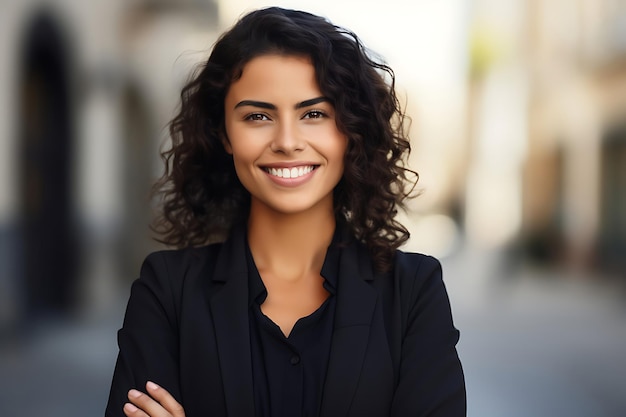 Photo d'une femme d'affaires souriante posant à l'extérieur avec les bras croisés