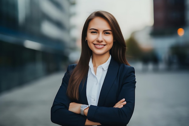 Photo d'une femme d'affaires souriante posant à l'extérieur avec les bras croisés