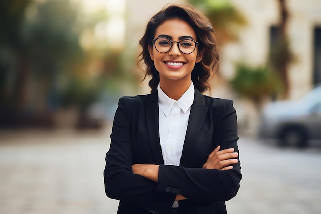 Photo d'une femme d'affaires souriante posant à l'extérieur avec les bras croisés