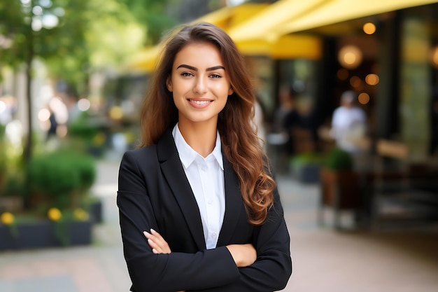 Photo d'une femme d'affaires souriante posant à l'extérieur avec les bras croisés