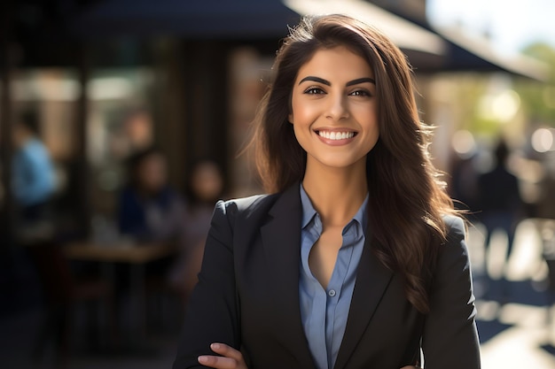 Photo d'une femme d'affaires souriante posant à l'extérieur avec les bras croisés