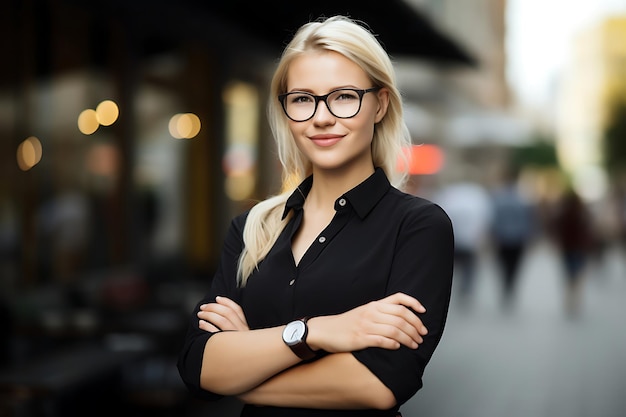 Photo d'une femme d'affaires souriante posant à l'extérieur avec les bras croisés