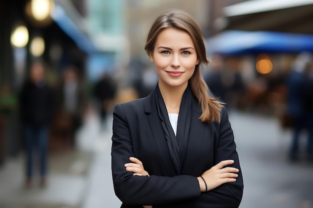 Photo d'une femme d'affaires souriante posant à l'extérieur avec les bras croisés