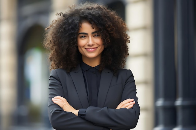 Photo d'une femme d'affaires souriante posant à l'extérieur avec les bras croisés