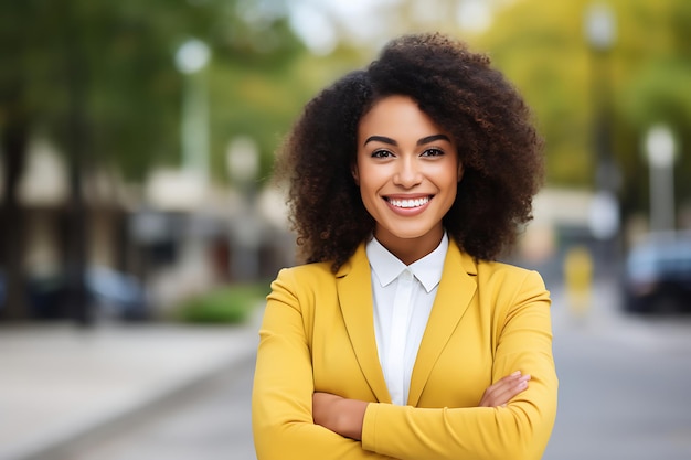 Photo d'une femme d'affaires souriante posant à l'extérieur avec les bras croisés