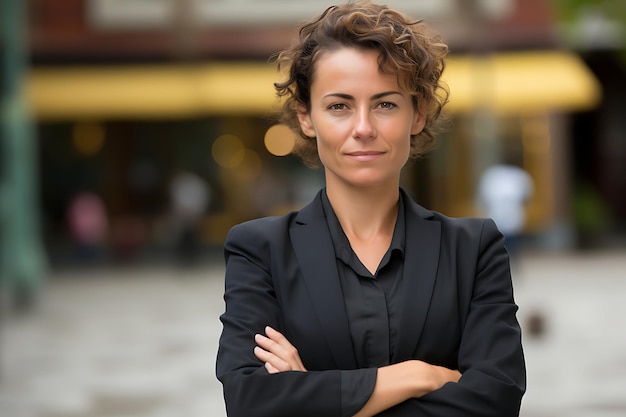 Photo d'une femme d'affaires souriante posant à l'extérieur avec les bras croisés