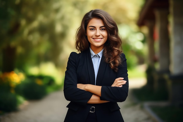 Photo d'une femme d'affaires souriante posant à l'extérieur avec les bras croisés