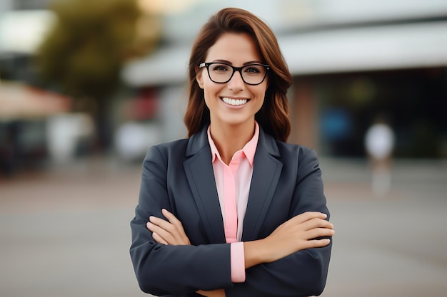 Photo d'une femme d'affaires souriante posant à l'extérieur avec les bras croisés