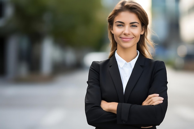 Photo d'une femme d'affaires souriante posant à l'extérieur avec les bras croisés