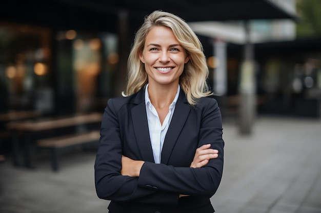 Photo d'une femme d'affaires souriante posant à l'extérieur avec les bras croisés