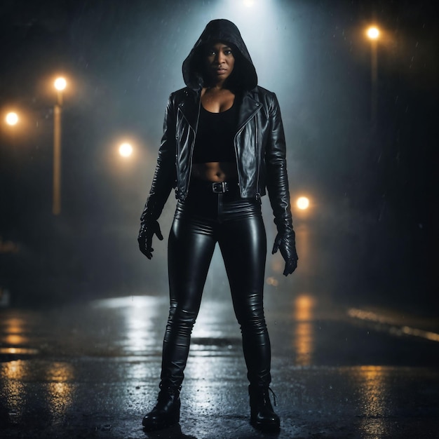 photo d'une femme africaine forte avec un costume en cuir noir sous une forte pluie nocturne IA générative