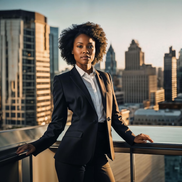 photo d'une femme africaine intelligente avec un costume noir dans une grande ville moderne IA générative