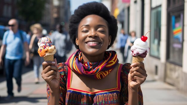 Photo photo d'une femme afro-américaine satisfaite debout avec les yeux fermés tenant deux crèmes glacées