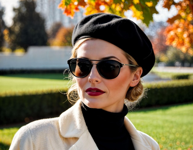 photo d'une femme d'âge moyen avec un col blanc et un béret noir et des lunettes de soleil noires debout devant le parc d'automne IA générative