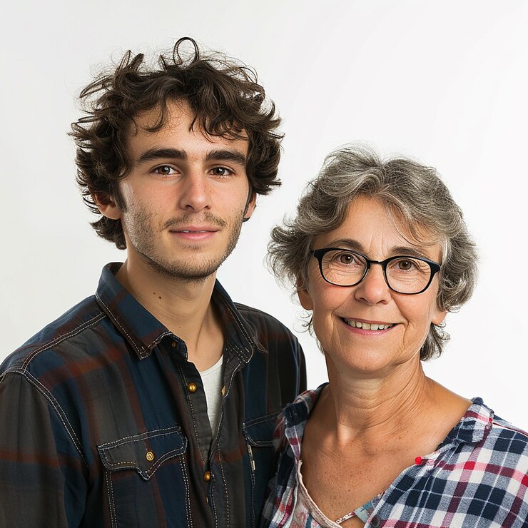 Photo photo d'une femme d'âge moyen et d'un jeune homme sur fond blanc