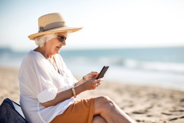 Photo d'une femme âgée assise sur la plage et envoyant des SMS créés avec une IA générative