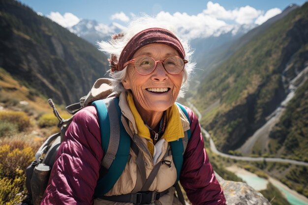 Photo photo d'une femme âgée dans une expédition de voyage aventureuse