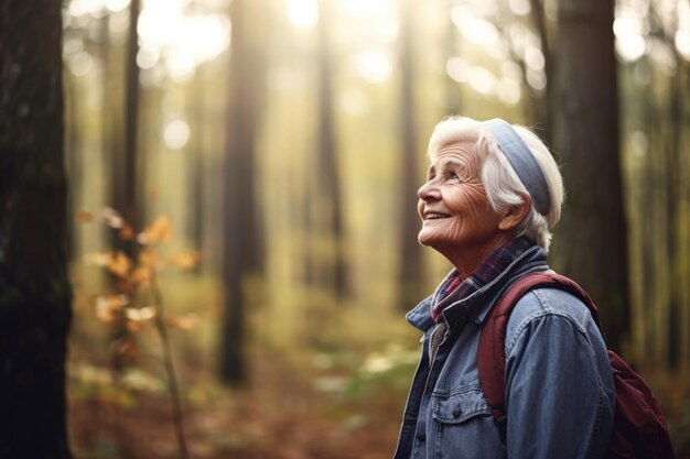 Une photo d'une femme âgée debout dans la forêt créée avec l'IA générative