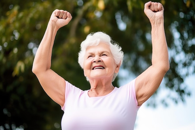 Photo d'une femme âgée donnant le pouce levé avec les bras levés créée avec une IA générative